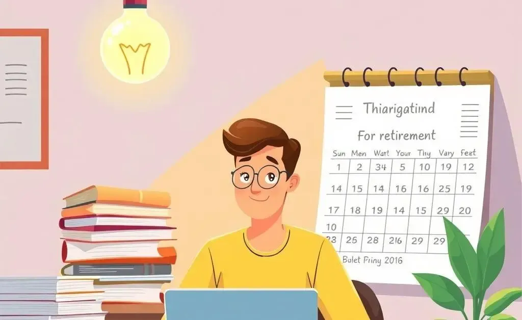 An illustration of someone planning for retirement with a lightbulb above their head and a calendar.