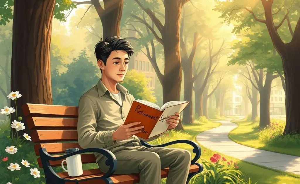 Illustration of a person on a park bench, contemplating a retirement savings plan notebook in hand.