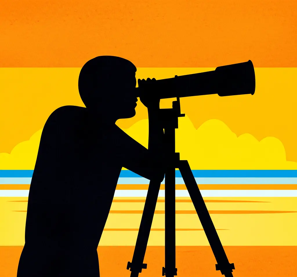 A person looking at a distant beach through a telescope, symbolizing retirement planning