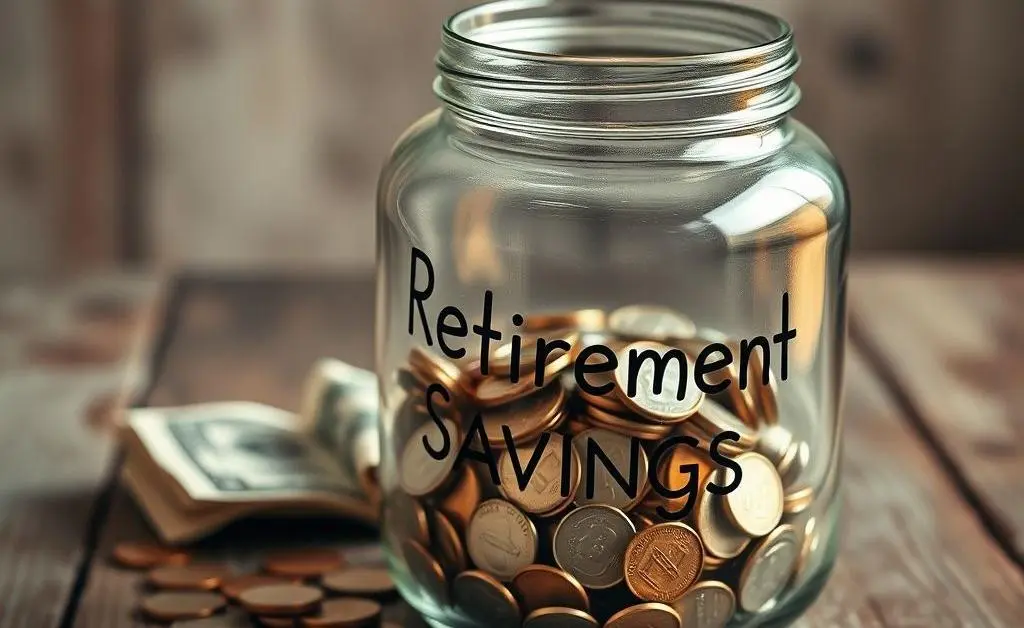Glass jar labeled 'Retirement Savings' filled with coins