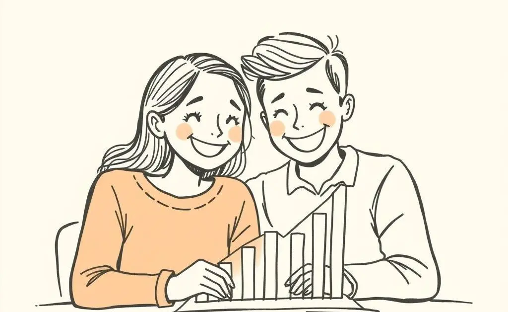 A hand-drawn image of a happy couple looking at a savings chart