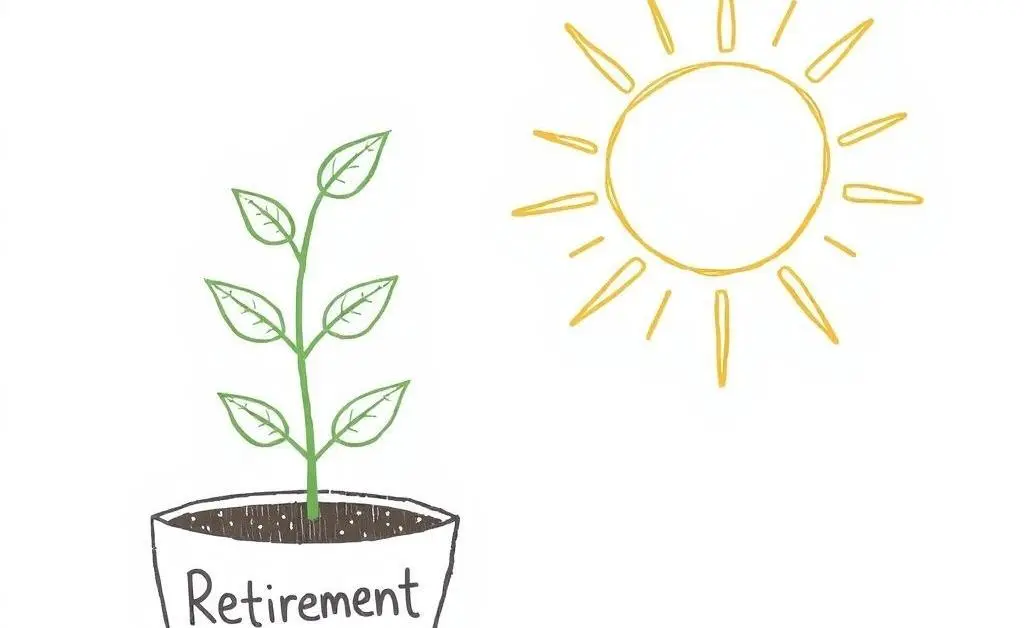 Plant growing in a pot labeled 'Retirement Savings' against a sun labeled 'Interest Rates'