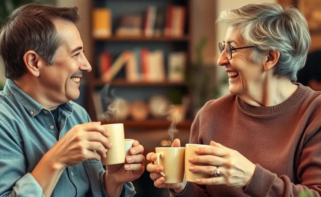 Two friends having a light-hearted conversation over coffee about retirement strategies