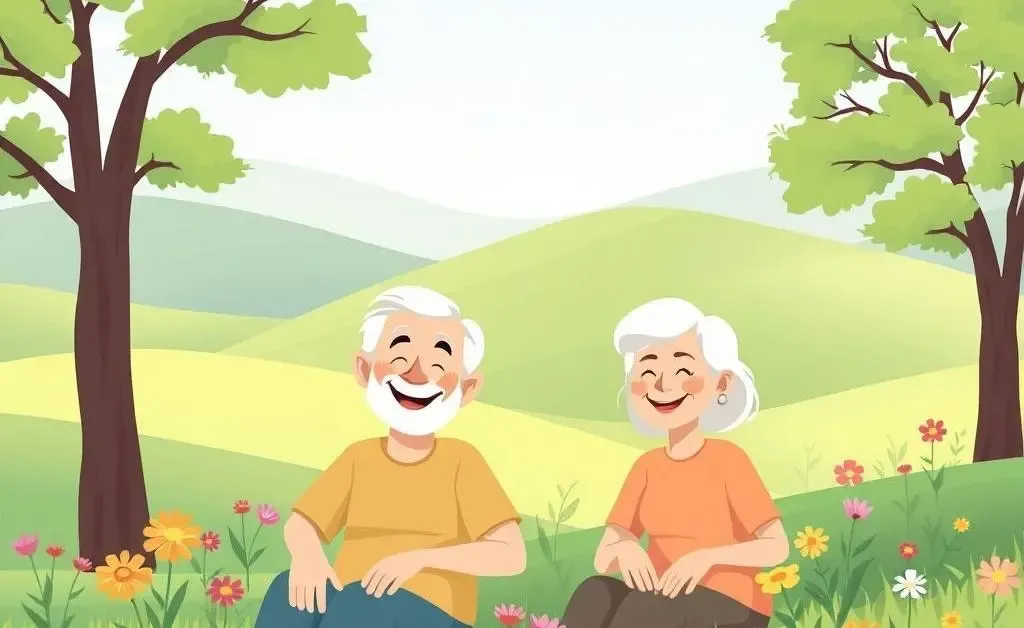 Minimalist cartoon-style image of a happy retired couple enjoying time in nature.