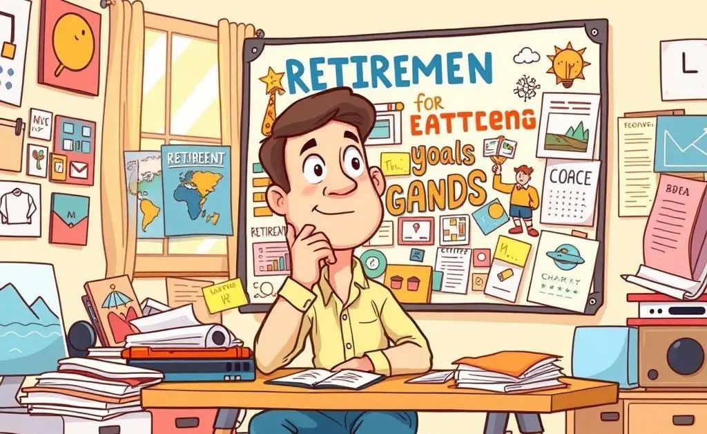 Cartoon of a person planning a vision board for retirement