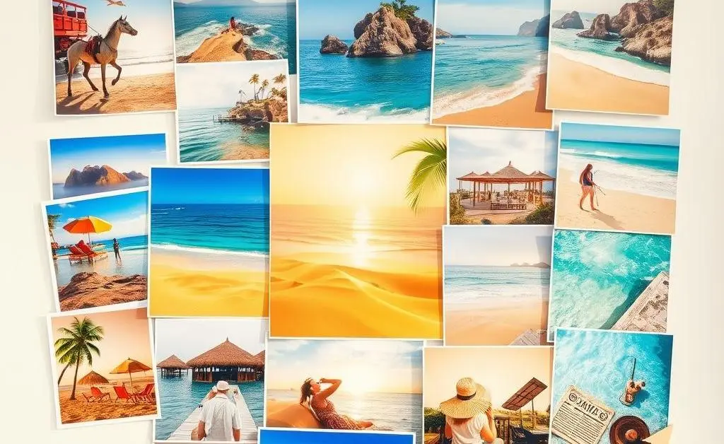 A vision board filled with images of travel, relaxation, and hobbies, symbolizing dreams of financial independence.