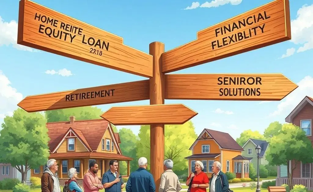 Illustration depicting a crossroads with signs showing different options for reverse mortgages.
