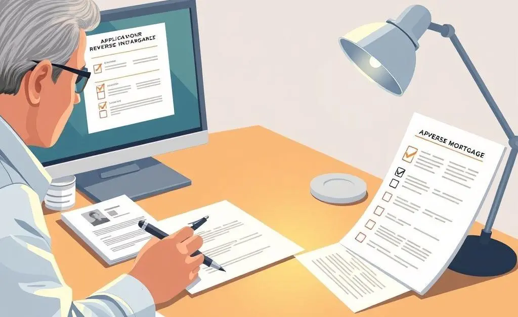 Illustration of the process of applying for a reverse mortgage, showing documents and a checklist.