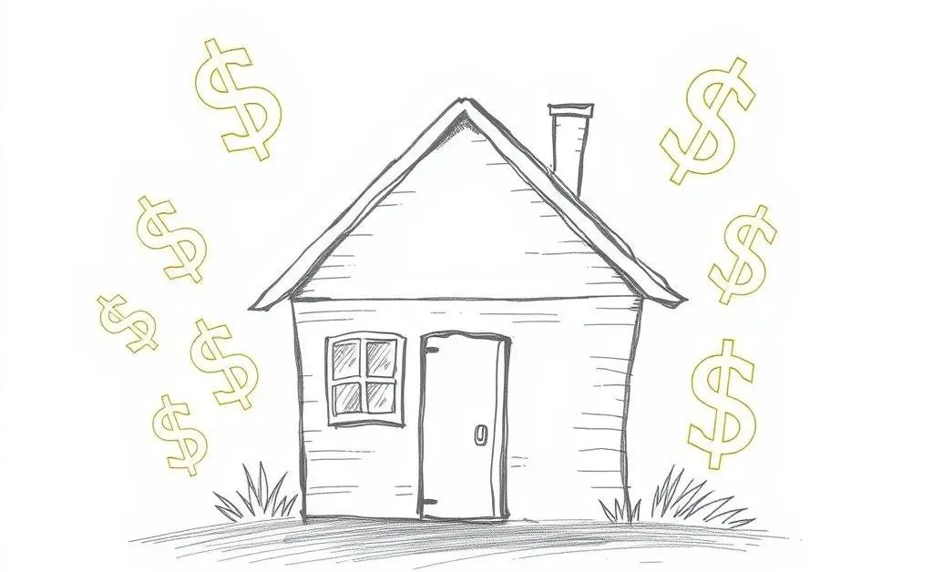 Reverse mortgage concept with a house and floating dollar signs