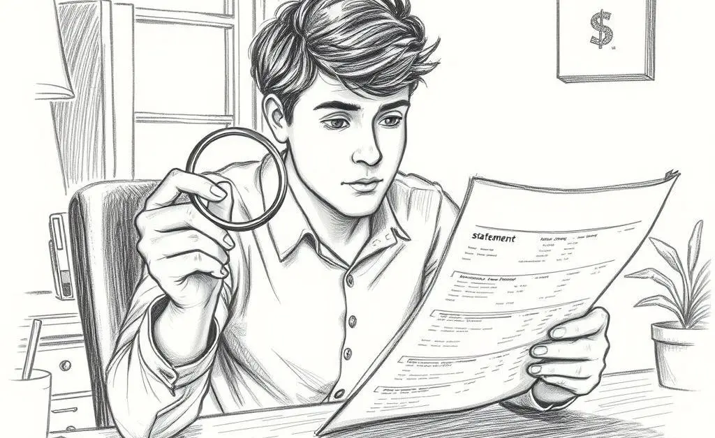 A person reviewing a bank statement closely with a magnifying glass.