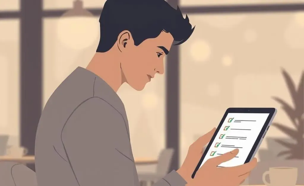 A person using a checklist on a tablet at a café