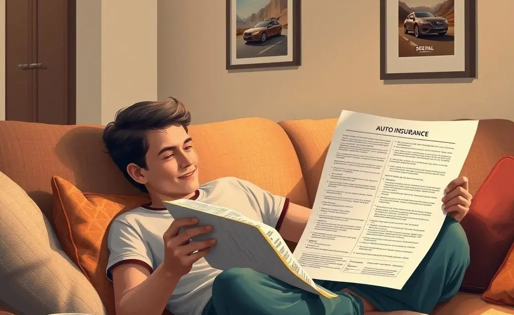 Person reviewing auto insurance policy on a couch.