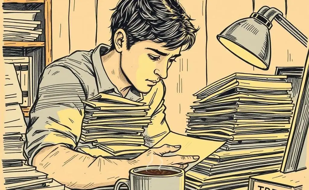 A person reviewing their insurance paperwork with a cup of coffee on the desk.
