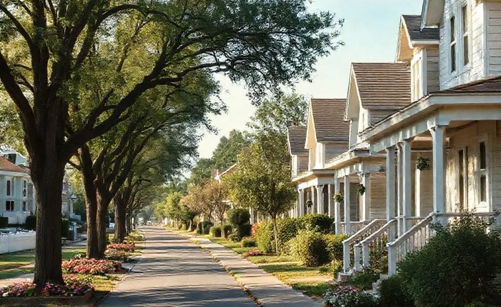 A peaceful street view with homes lining the road