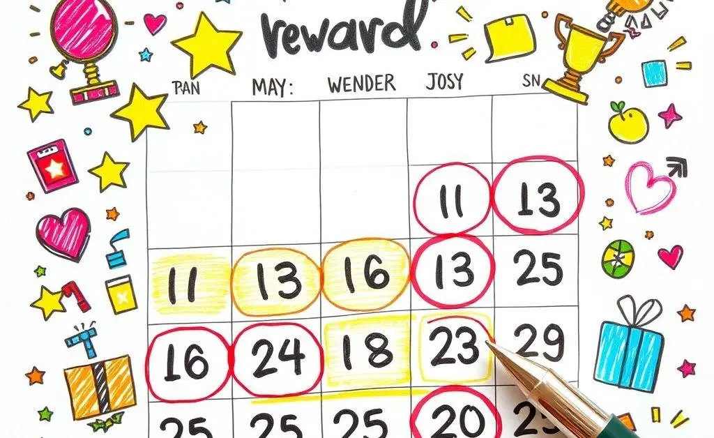 An illustrated calendar filled with rewards-related icons and dates circled with a pen.