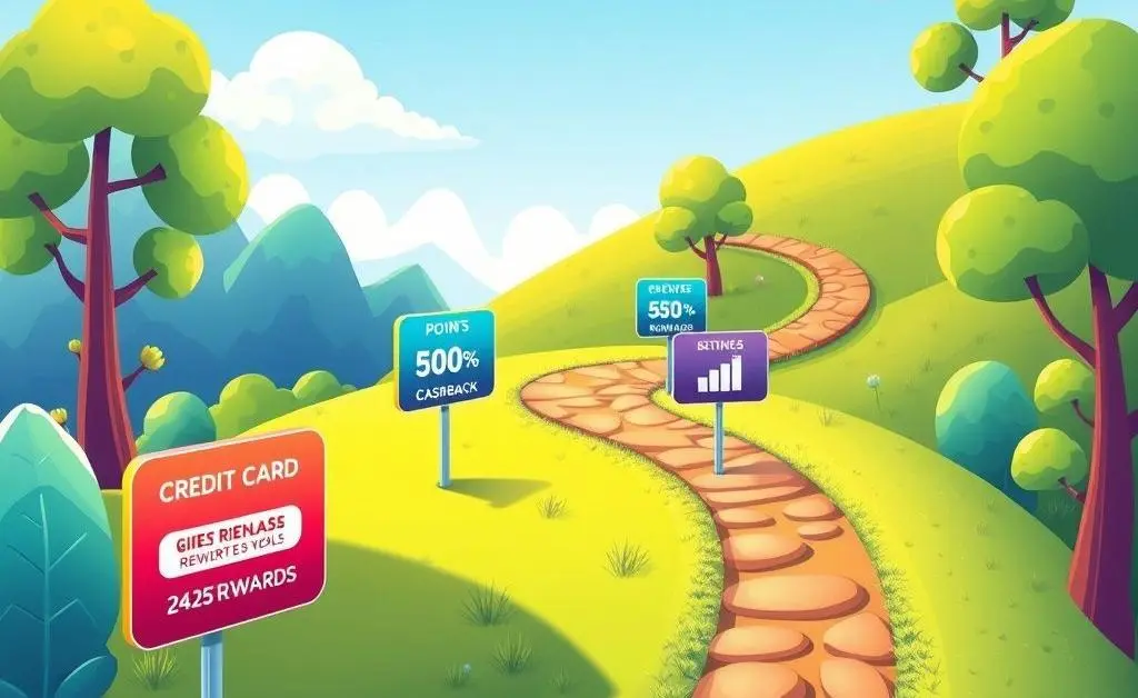 Illustration of a pathway with credit card rewards milestones along the route.