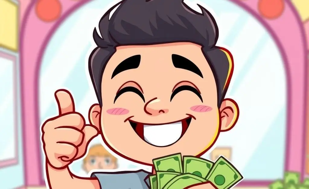 A cartoon of a person happily gathering reward points symbolized by small golden coins.