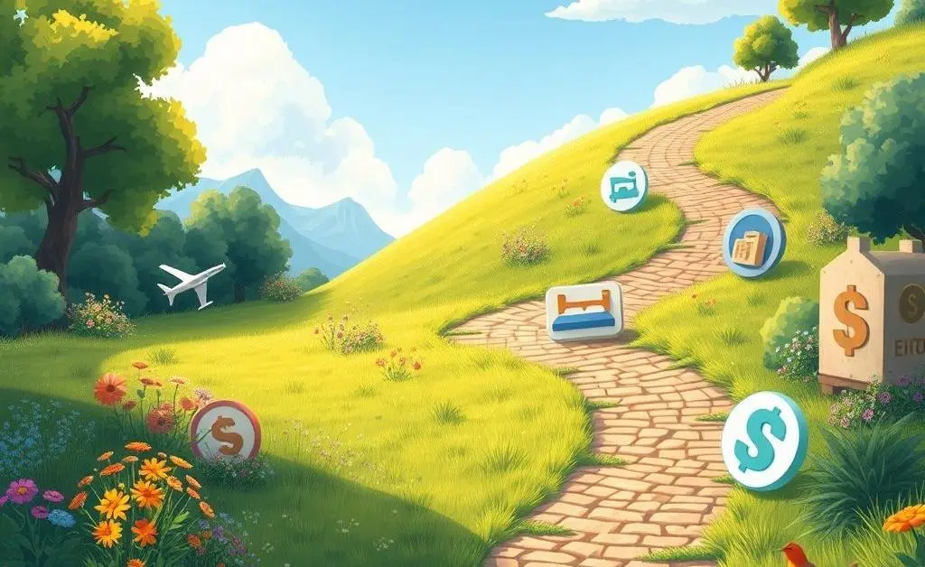 Illustration of a winding path with different rewards icons like flights, hotels, and cash back along the way.