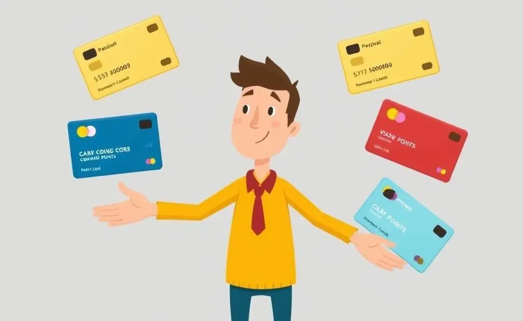 Cartoon person balancing reward points between different credit cards like a juggling act.