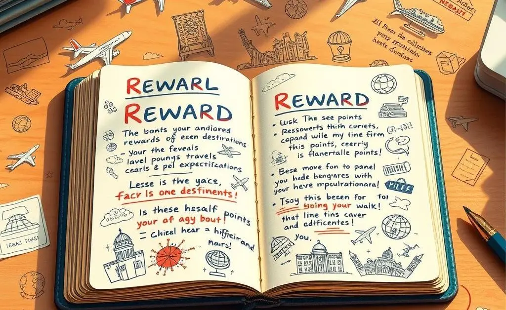 A notebook showing tracking of reward points and travel destinations.