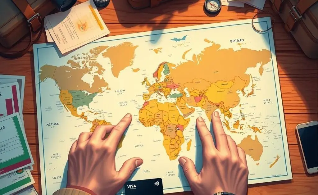 Illustration of a person planning travels with maps, tickets, and a credit card