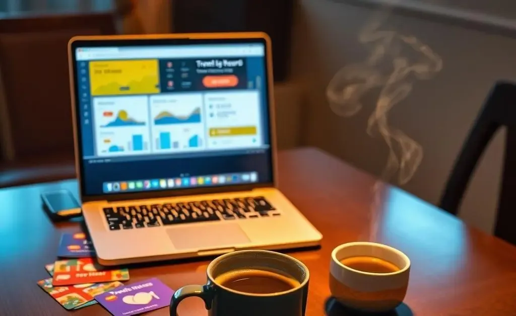A dining table with a computer showing travel rewards, gift cards, and a cup of coffee.
