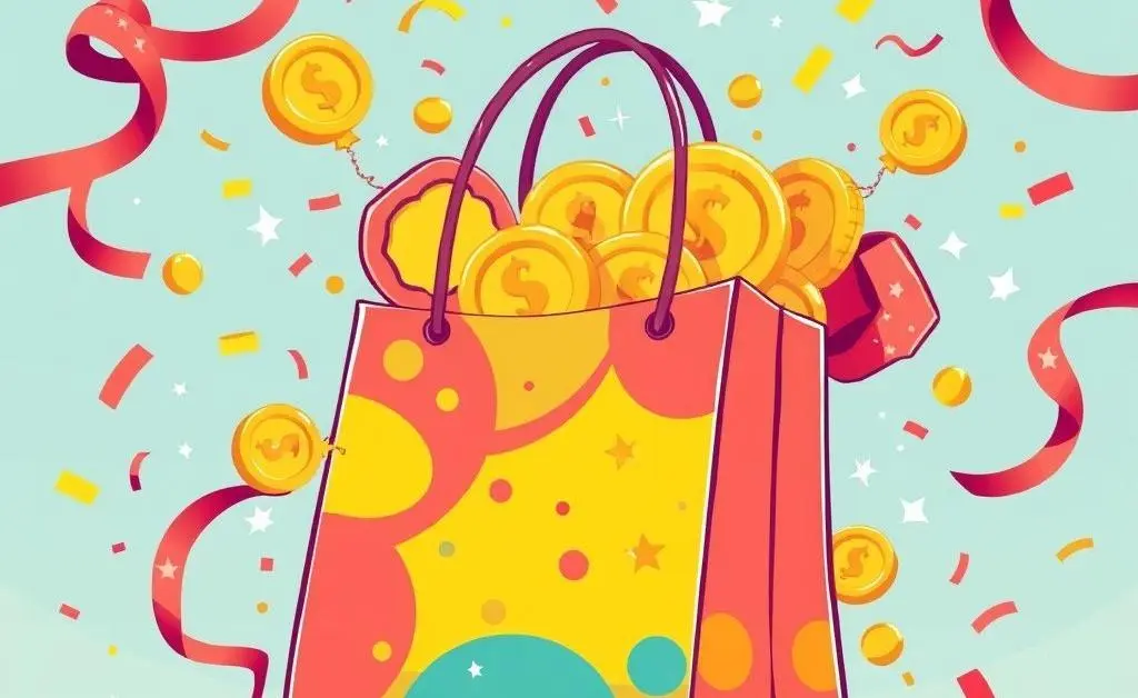 Illustration of a shopping bag overflowing with rewards and points in a playful design