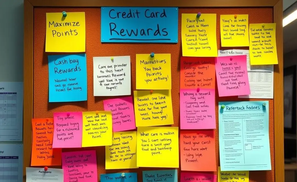 A bulletin board with sticky notes offering credit card reward tips and strategies.