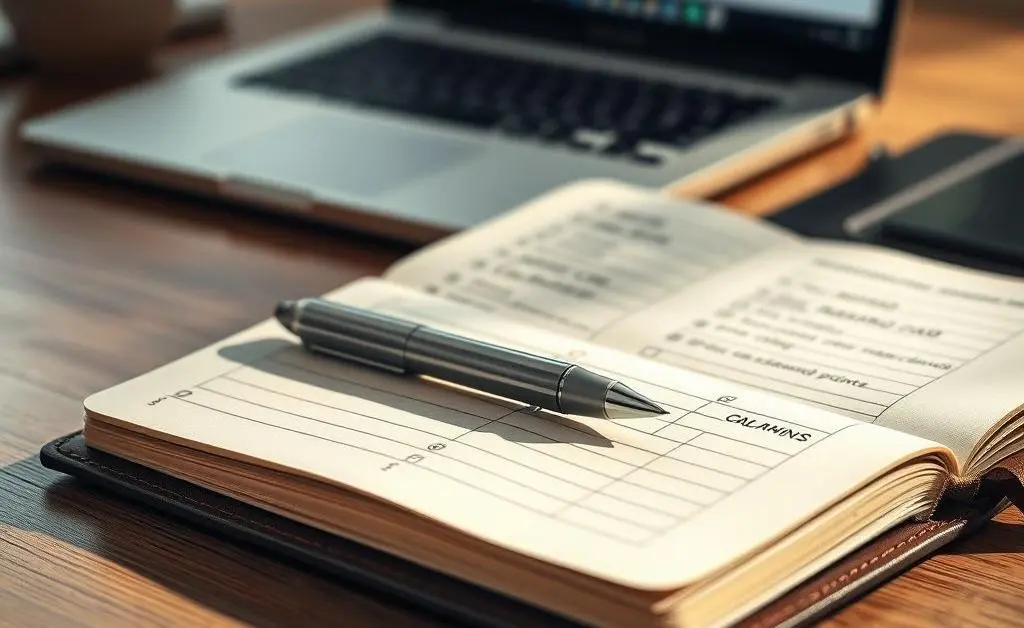 An open journal or notebook with a pen, tracking credit card rewards.