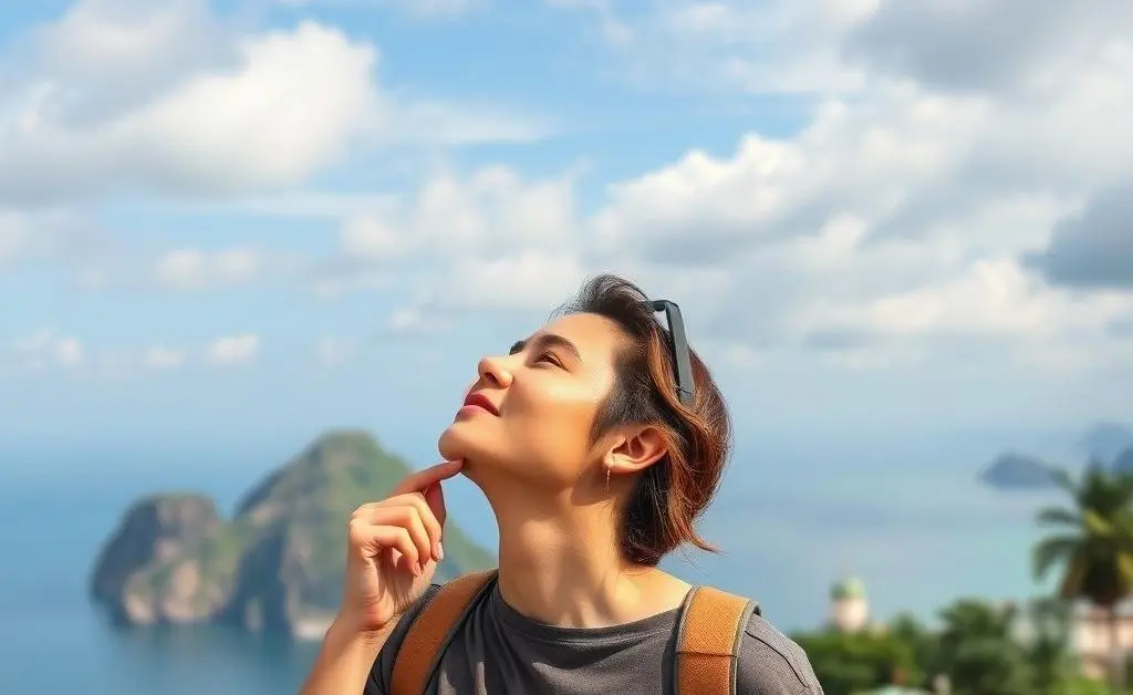 A dreamy image of someone blissfully thinking about their next travel destination, with travel incentives nearby.