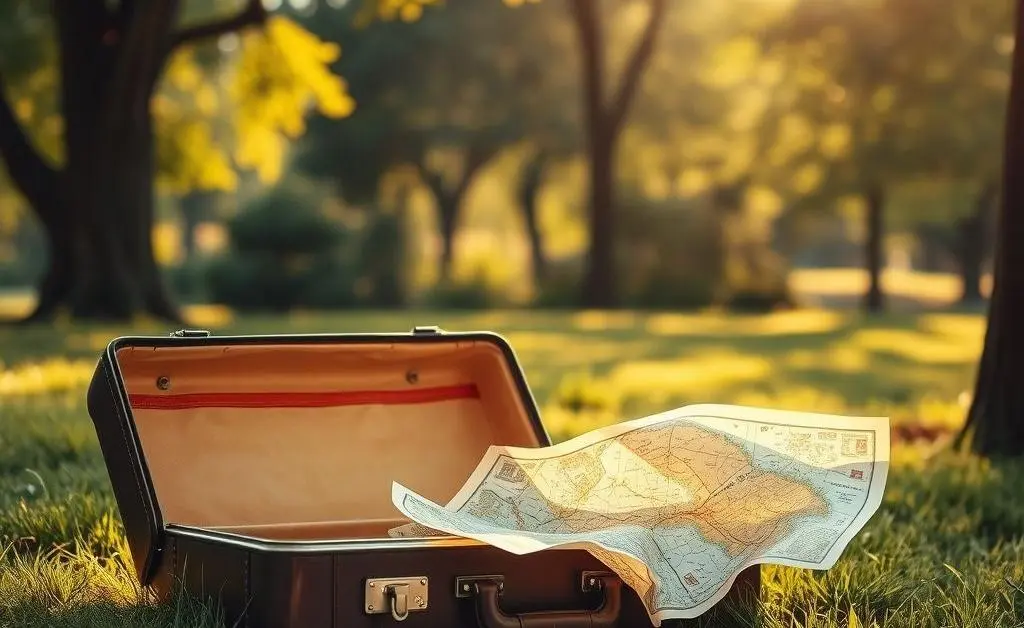 A relaxing travel scene, with a suitcase and a map.