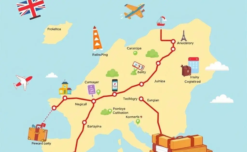 A cartoon-like itinerary map dotted with travel locations, luggage, and a stack of reward points.