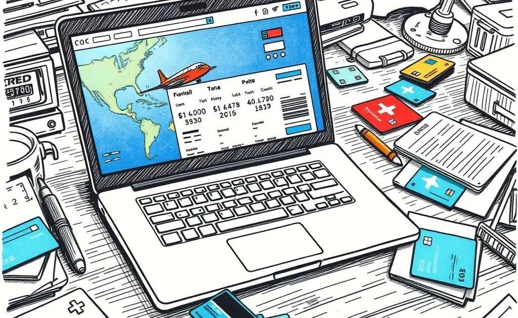 Desk scene with travel booking and credit cards