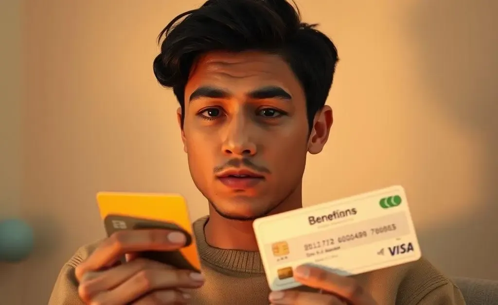 Person daydreaming about a reward voucher while holding a credit card.