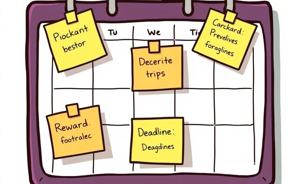 A cartoon-style calendar with sticky notes showing rewards deadlines and trips.