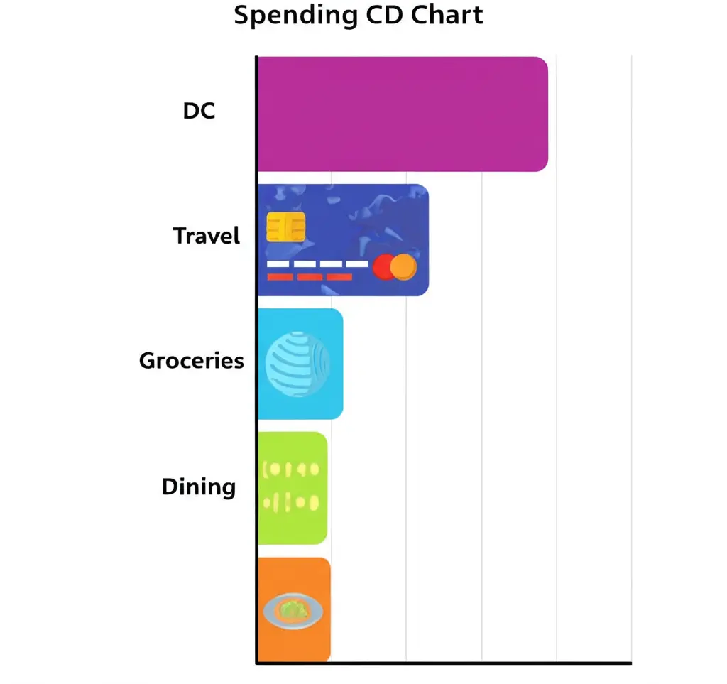 Cartoon-style chart showing different spending categories like travel, groceries, and dining with corresponding credit card icons.