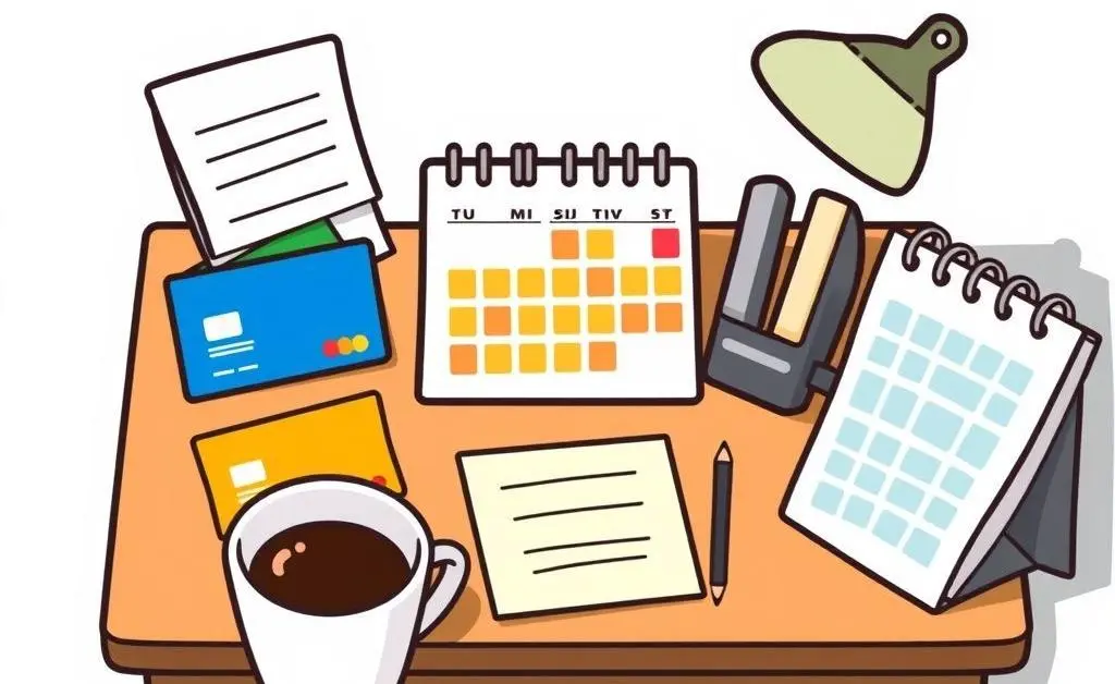 Desk with credit cards and planning materials