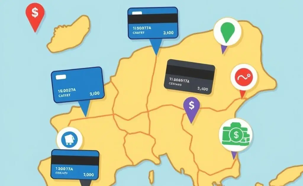Icons representing different types of credit card rewards on a map.