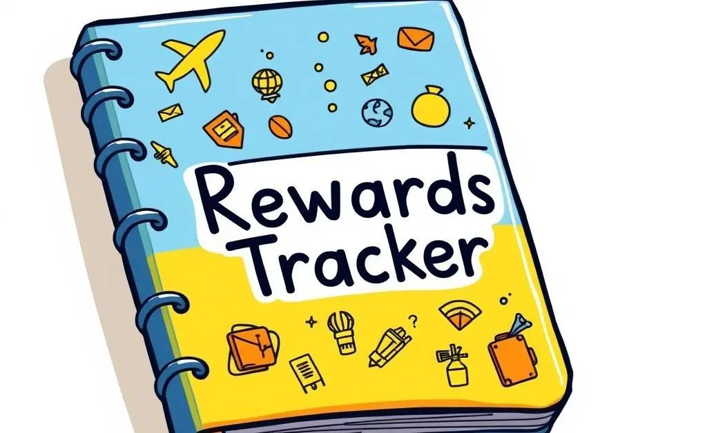 Notebook titled 'Rewards Tracker' with travel doodles