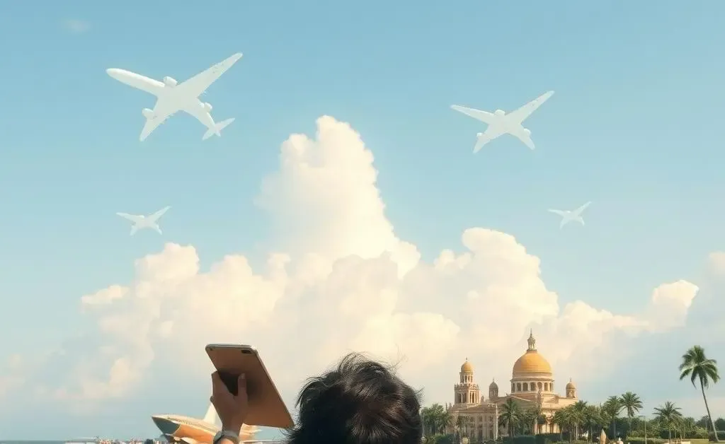 Person planning a trip with reward flights and hotels in a daydream-like scene.