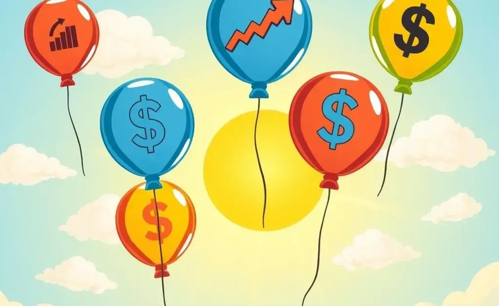 Stock symbols on balloons rising into a sunny sky.