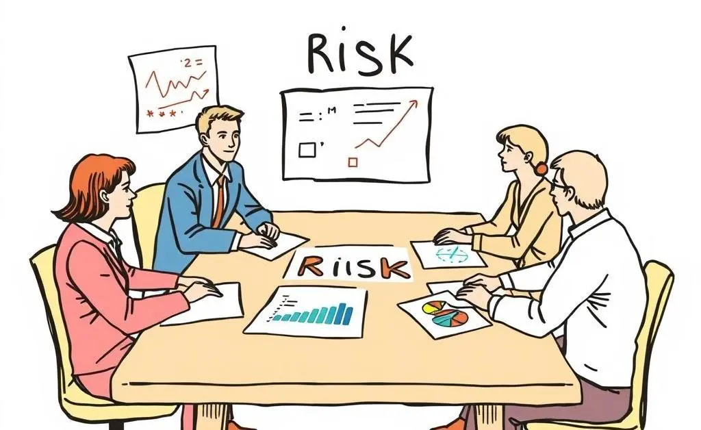 Hand-drawn style image showing a team at a table evaluating risk with charts.