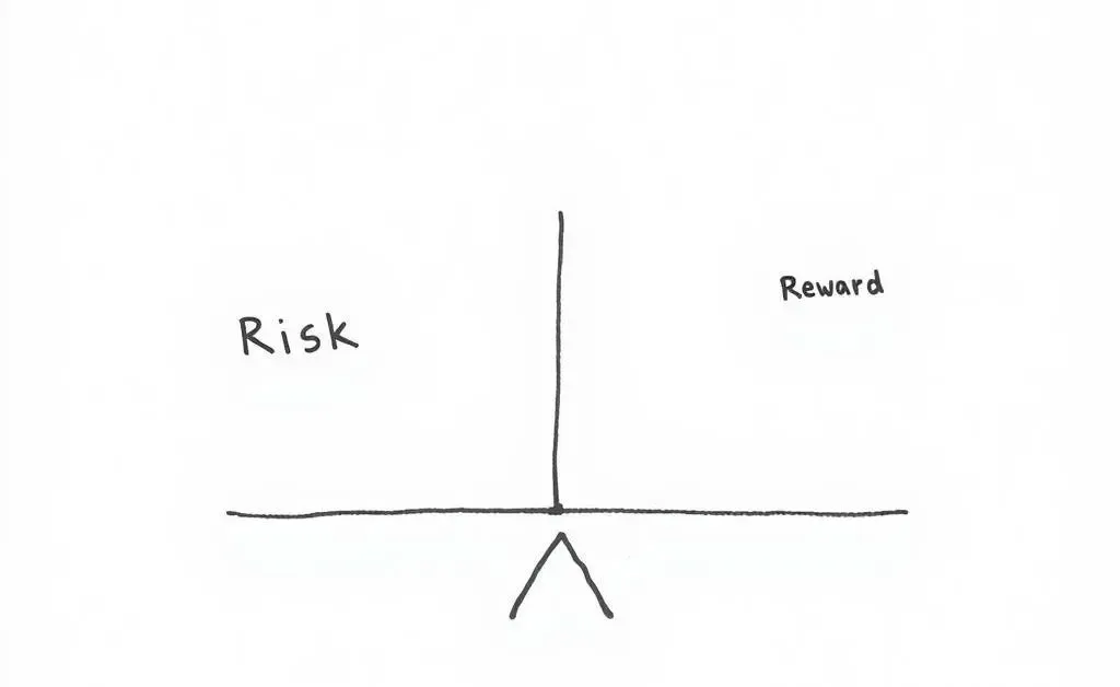 A minimalist hand-drawn image of a risk-reward scale, balancing high-risk stocks with safer investments.
