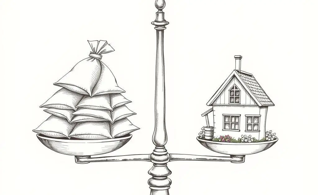 A scale balancing money bags and a house, depicting risk and reward.
