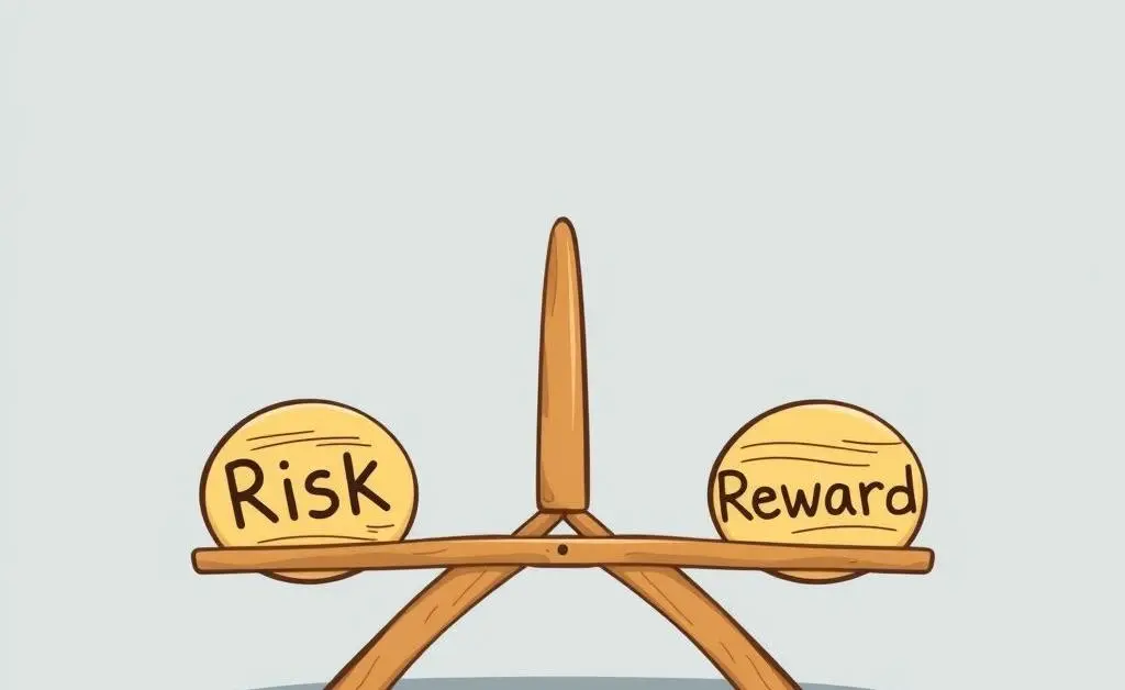 A balanced seesaw with 'Risk' on one side and 'Reward' on the other, cartoon style.