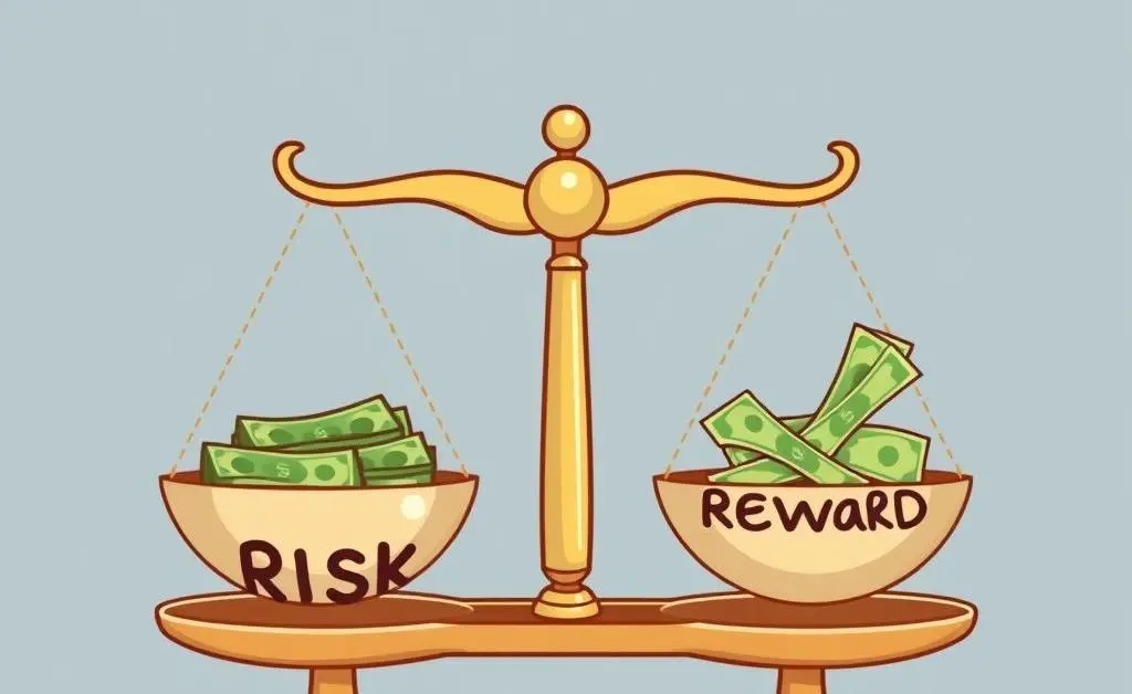 A cartoon-style image of a scale balancing risk and reward, with money and bonds on each side.