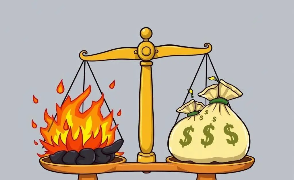 Scale balancing risk (on fire) against reward (money bags), in fun cartoon style.