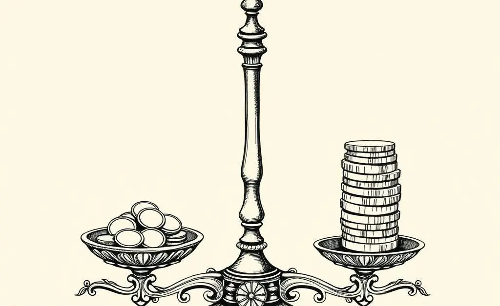A scale balancing risk and reward with coins.
