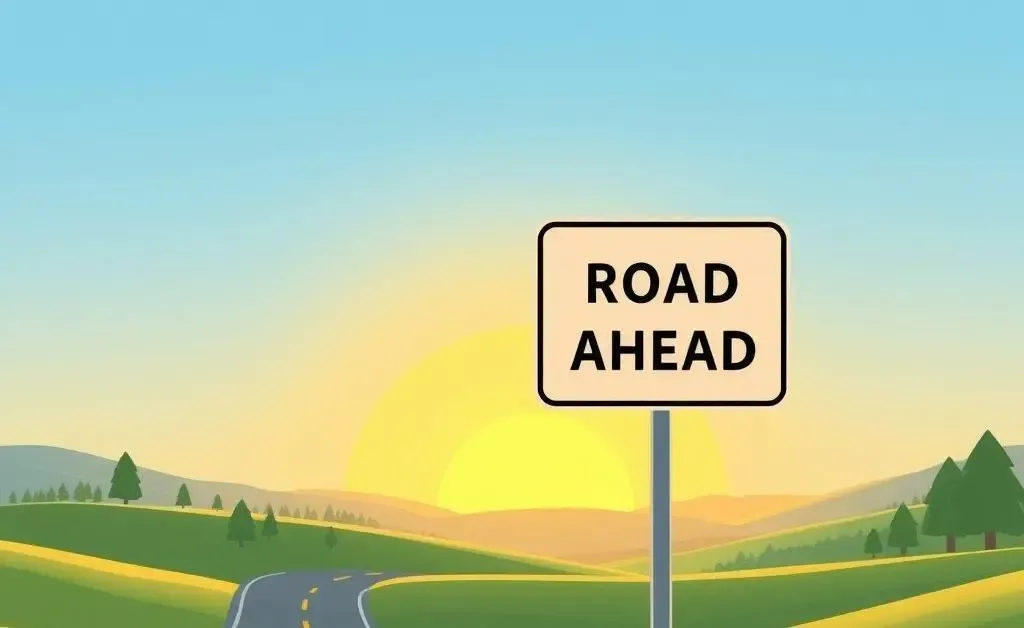 A minimalist cartoon of a road sign with the words 'Road Ahead', set in an open and inviting landscape.