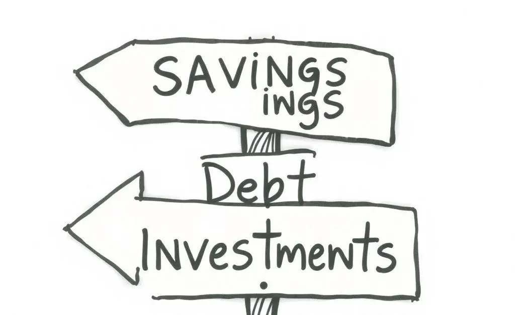 A hand-drawn road sign with arrows leading to 'Savings', 'Debt', and 'Investments'.